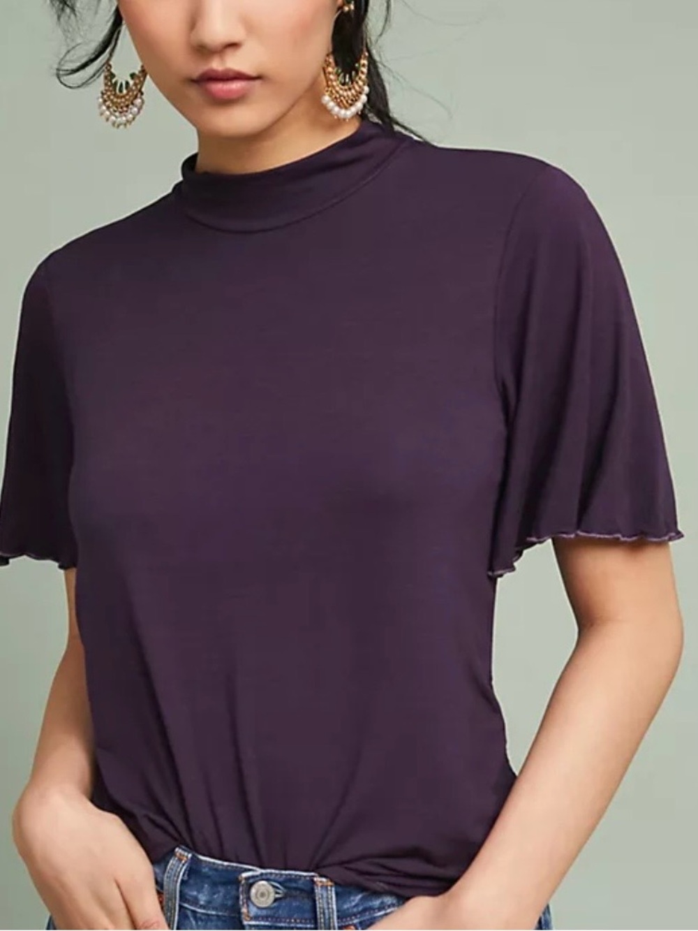 Michael Stars for Anthropologie Mock Neck Flutter Sleeve Top - Plum
